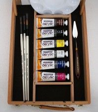 Komplet farb akrylowych Graduate Acrylic box easel set Daler-Rowney w drewnianej kasecie z akcesoria
